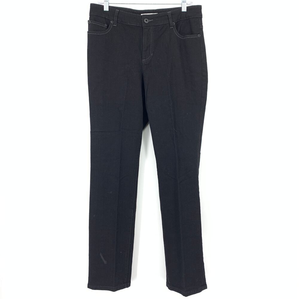 Chico's Straight Jeans Womens 10 1.5 Black Embroidered Pockets Front Creases